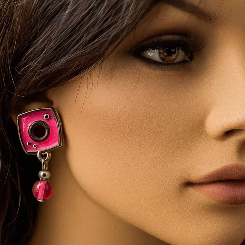 Women's Purple Silver Square Design & Pink Bead Drop Dangle Earrings - Jewelry